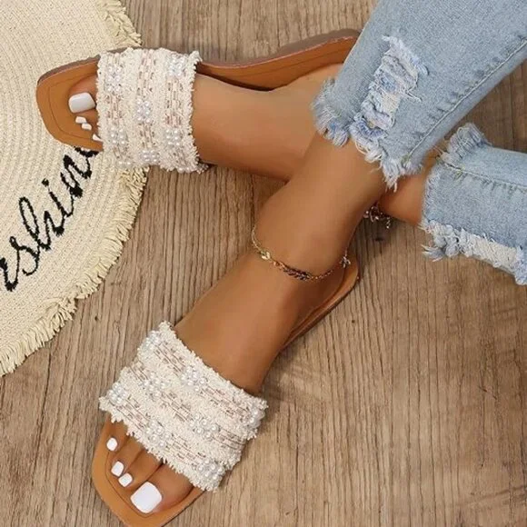 Women's faux pearls decor flat sandals
